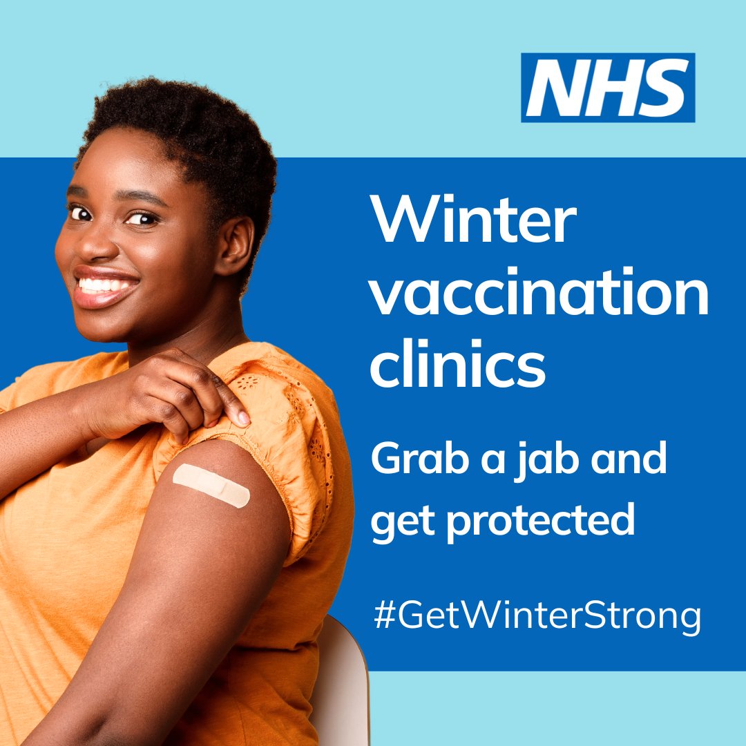 Graphic displaying a women who has been vaccinated with the words winter vaccination clinics. Grab a jab and get protected.