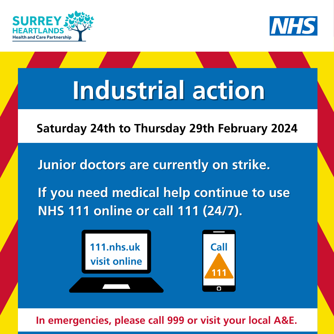 Industrial action graphic displaying the dates of February's Junior Doctor strike from 24 to 29 February 2024